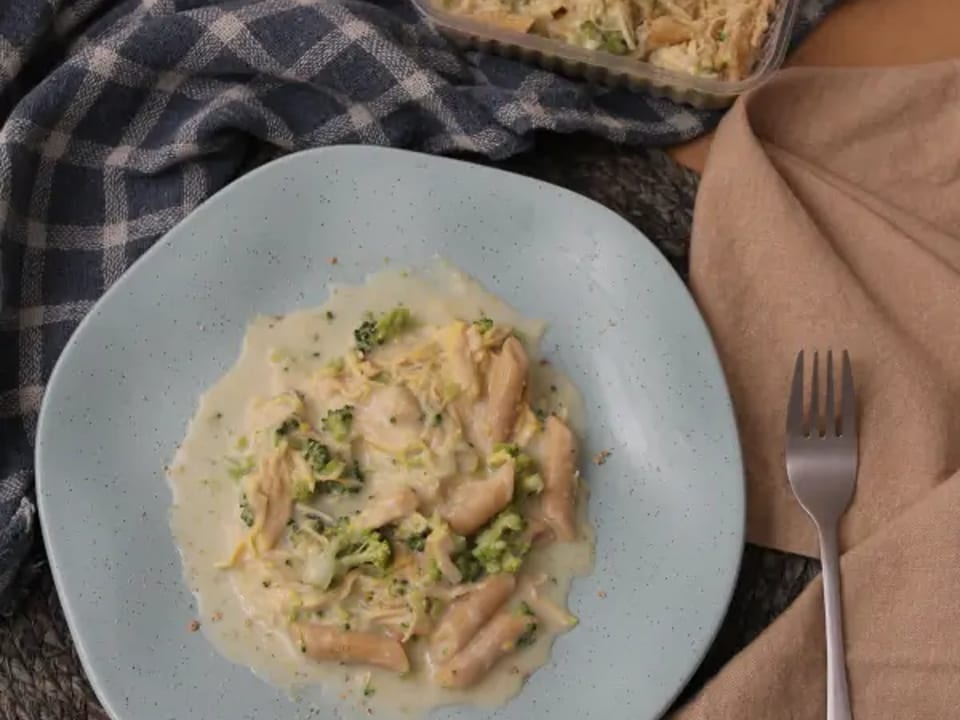 Macarrão integral com molho bco e frango desfiado e brócolis