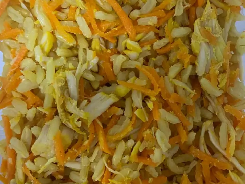 Frango desfiado, arroz integral e cenoura